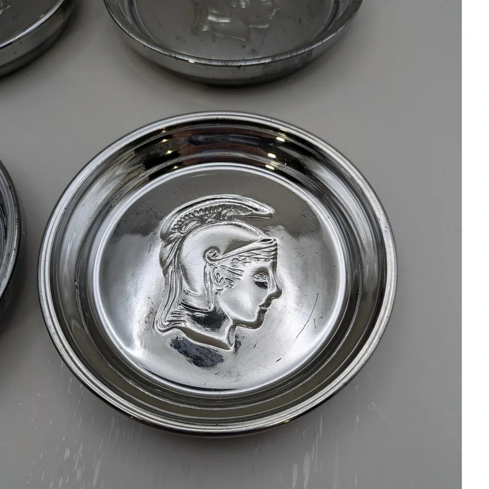Vintage Chrome Trojan Spartan Warrior Head MCM Mercury Glass Coasters Set of 4